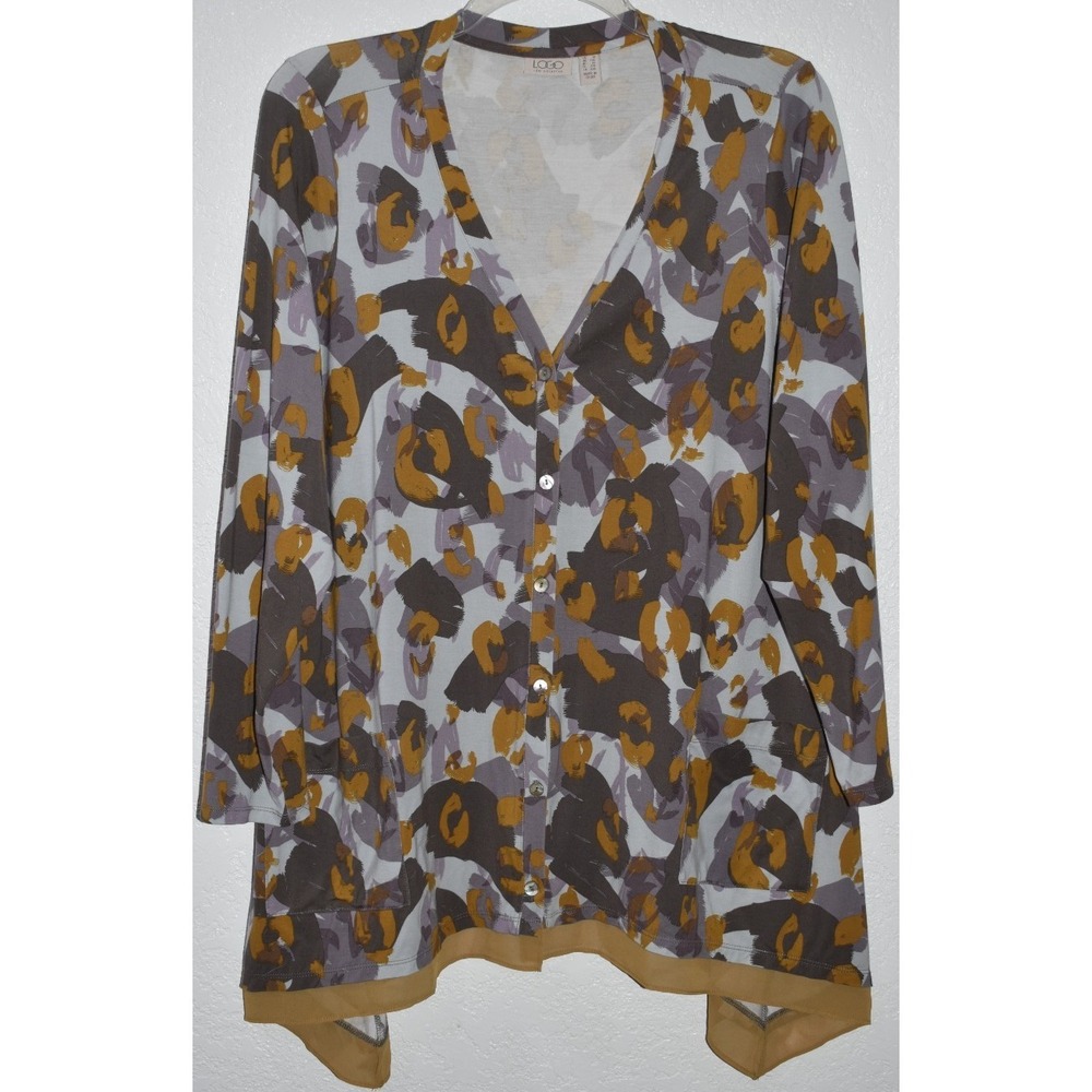 LOGO Lori Goldstein 1X Cardigan Stretch Abstract Print Chiffon Trim‎ Asymetrical